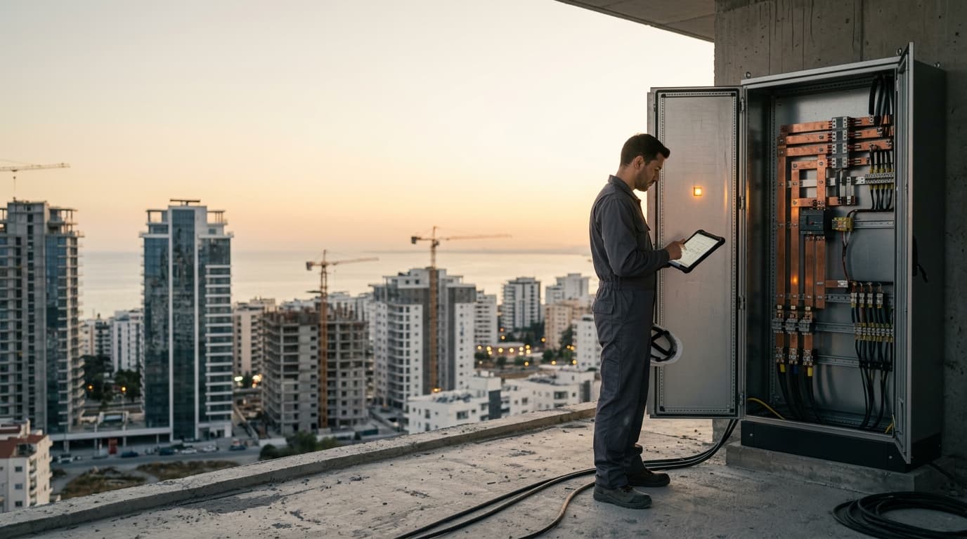 Engineer inspecting a rooftop busbar panel at golden hour