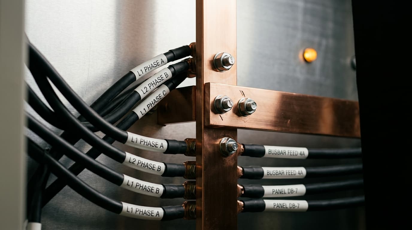 Macro detail of a precisely terminated copper busbar connection