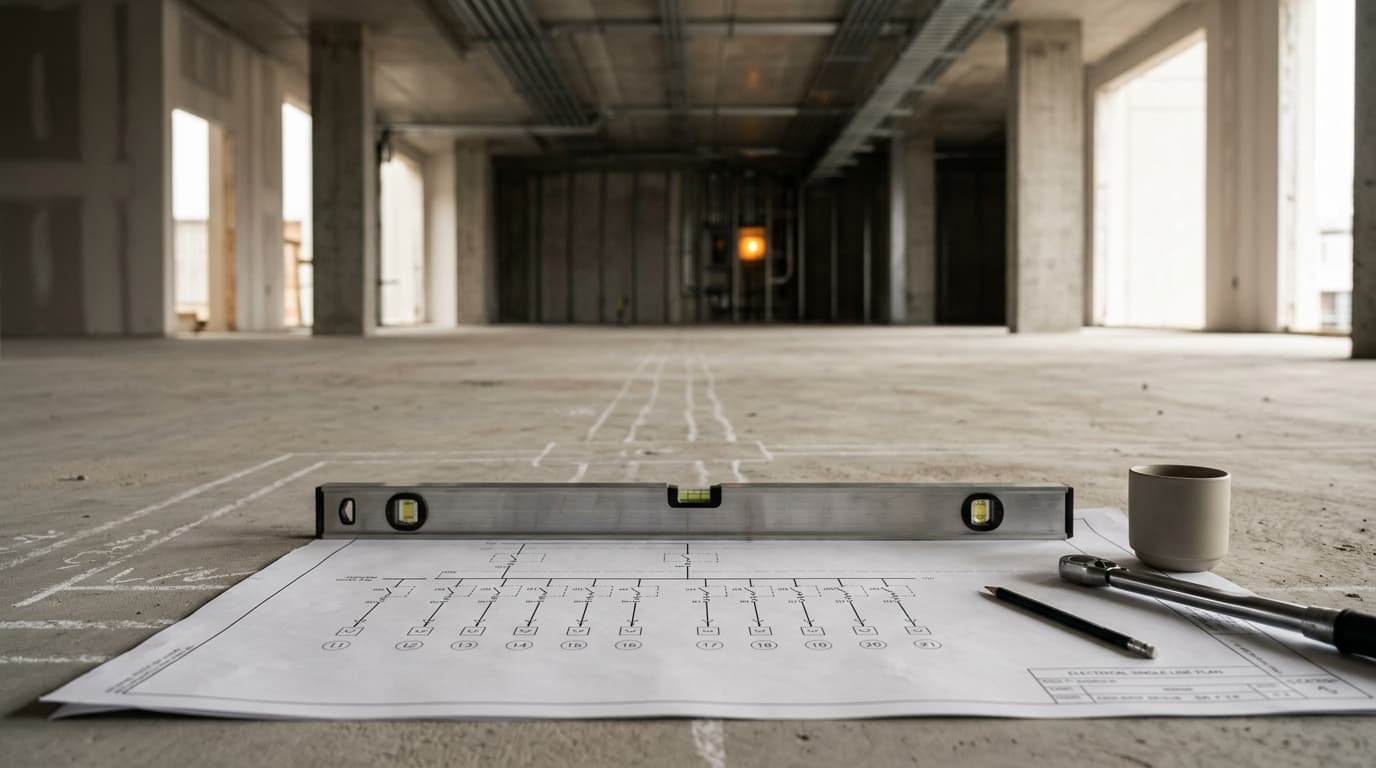 Electrical plan on a concrete slab with the building floor behind